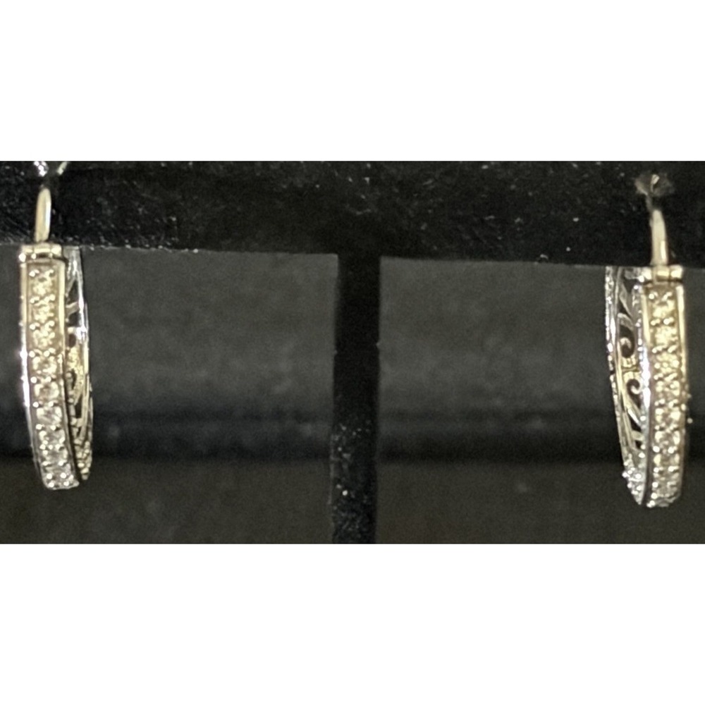 Kirks Folly 925 Sterling Silver Filigree Crystal Hoop Earrings Signed Pavé